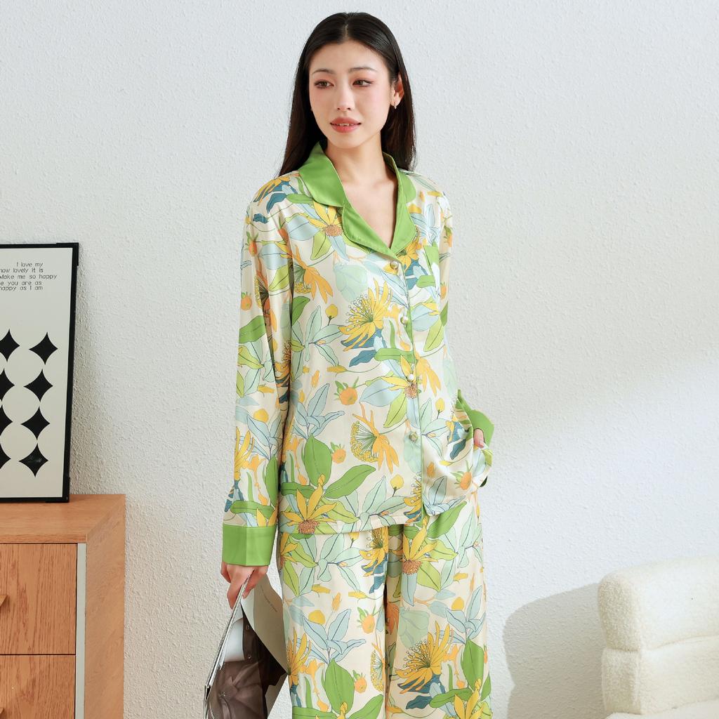 Женский пижамный комплект с зеленым принтом, брюки с длинными рукавами, одежда для дома и отдыха на открытом воздухе, пижамы