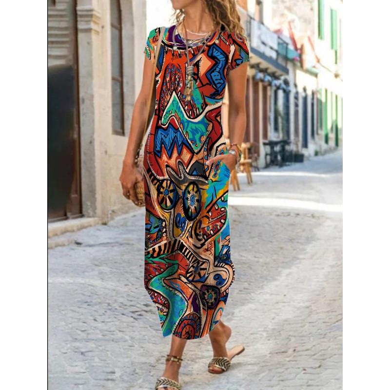 Женское летнее длинное платье с круглым вырезом и коротким рукавом с карманом реглан и цветочным принтом