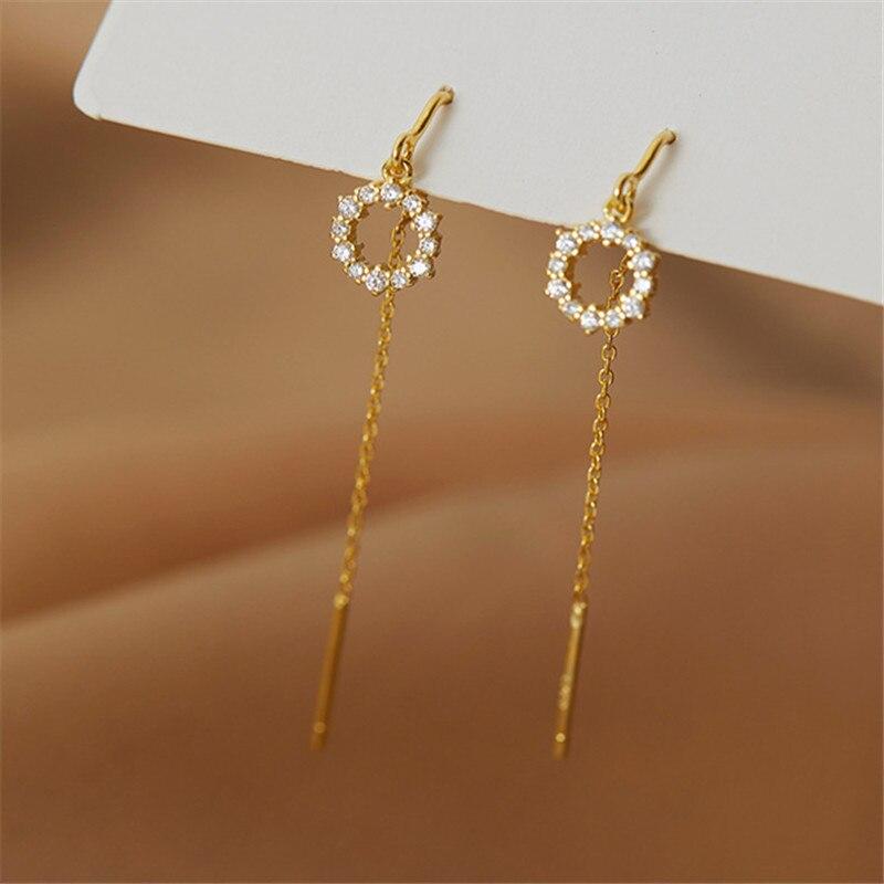 925 Sterling Silver Crystal Round Long Chain Stud Earring For Women Girls Wedding Jewelry Pendientes Accessories Eh1426