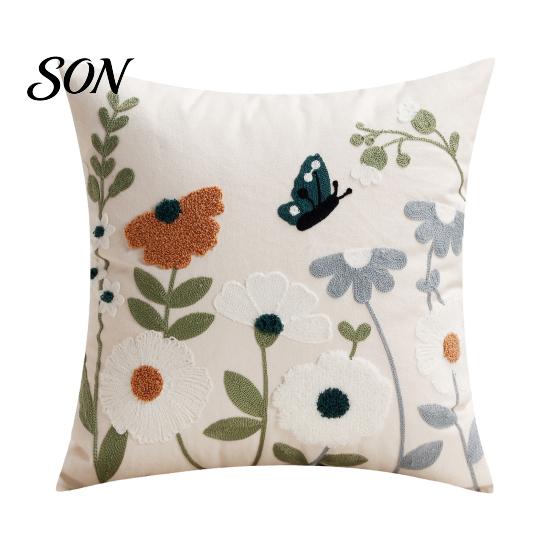 Modern Farmhouse Sofa Decor Floral Embroidered Cushion Cover, Decorative Throw Pillow Soft Bedroom Case Cover for Living Room Couch Spring