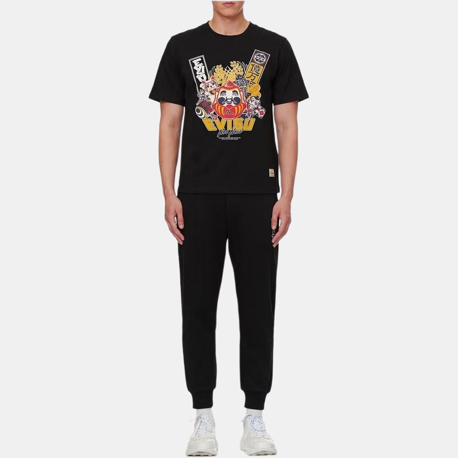 Evisu Мужская футболка с принтом "Голова Будды и Оригинальный Объект" Черная 2ESHTM1TS621XX