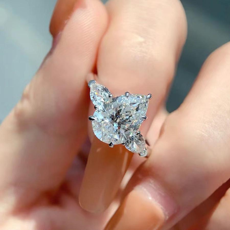 Teardrop Pear Shaped Simulated Moissanite & Zircon Three Stone Open Wedding Ring for Women