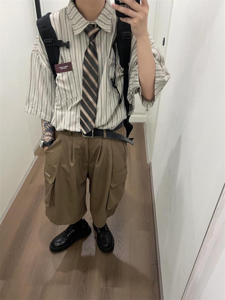 2023 Лето унисекс японский ретро полосатый лацкан короткий рукав модная рубашка