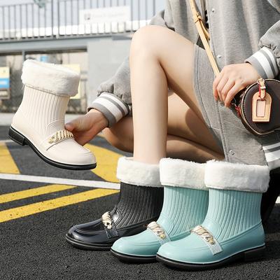 Модные летние новые женские резиновые сапоги модные трендовые водонепроницаемые нескользящие толстые с металлическим украшением на подошве плюс хлопковые теплые резиновые сапоги 36-40