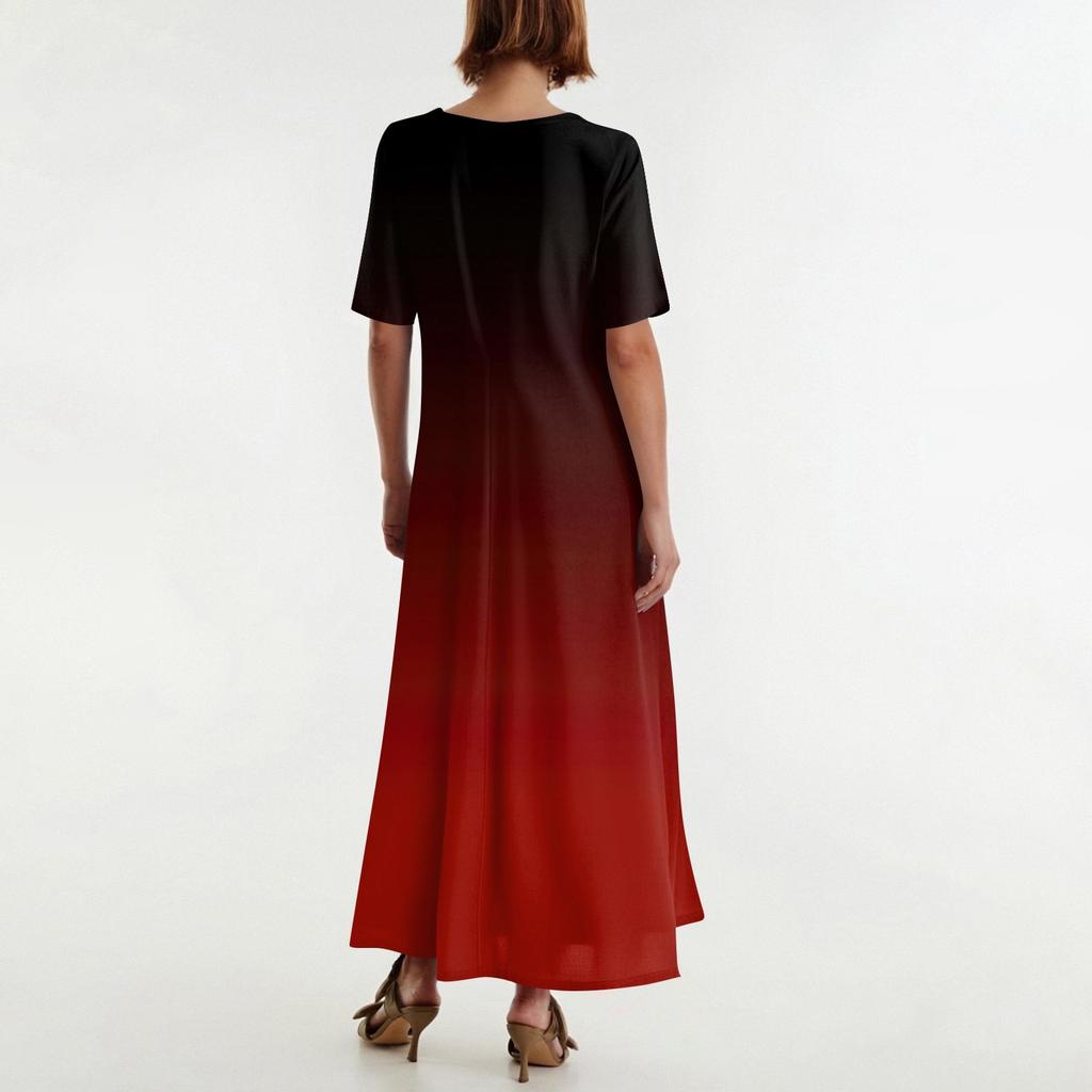 Women's Fashionable And Casual Long Beach Skirt Round Neck Short Sleeved Loose Retro Print Dress