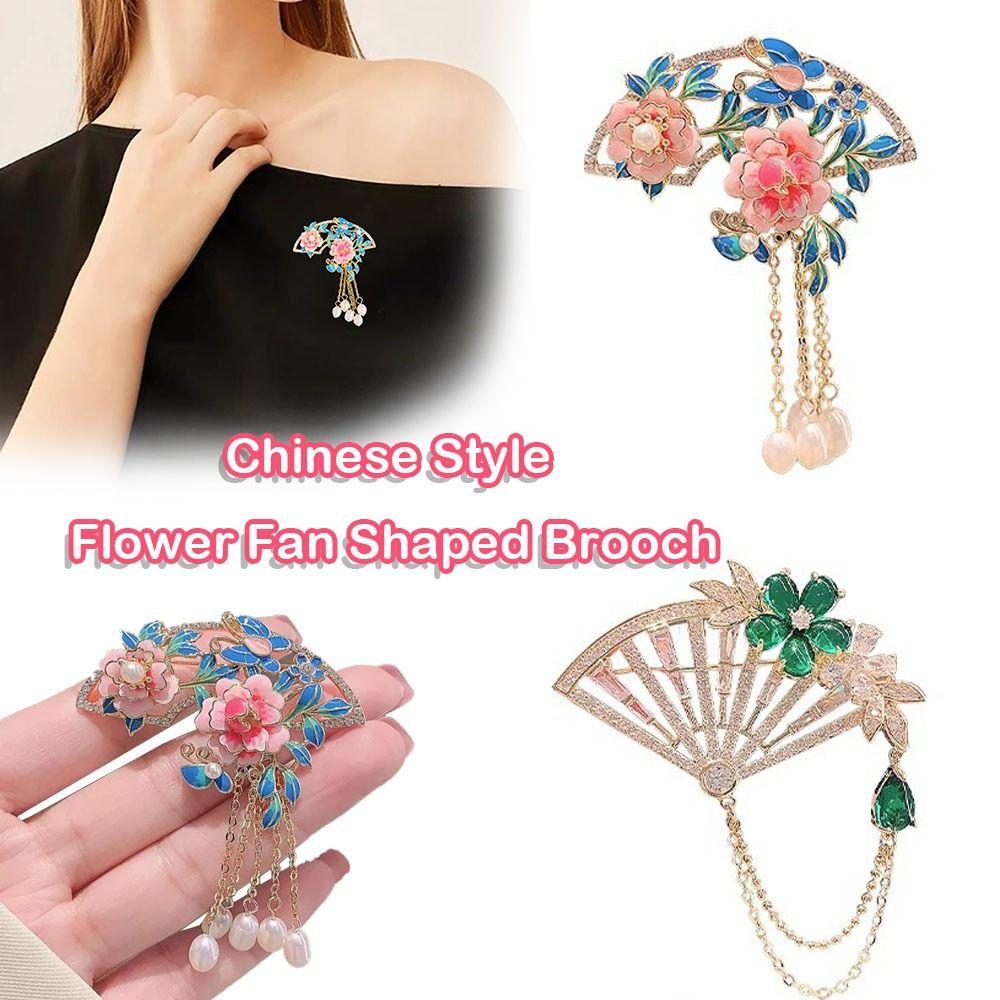 Anti-exposure Pink Peony Flower Brooch Chinese Style Tassel Fan Brooch Jewelry Accessories