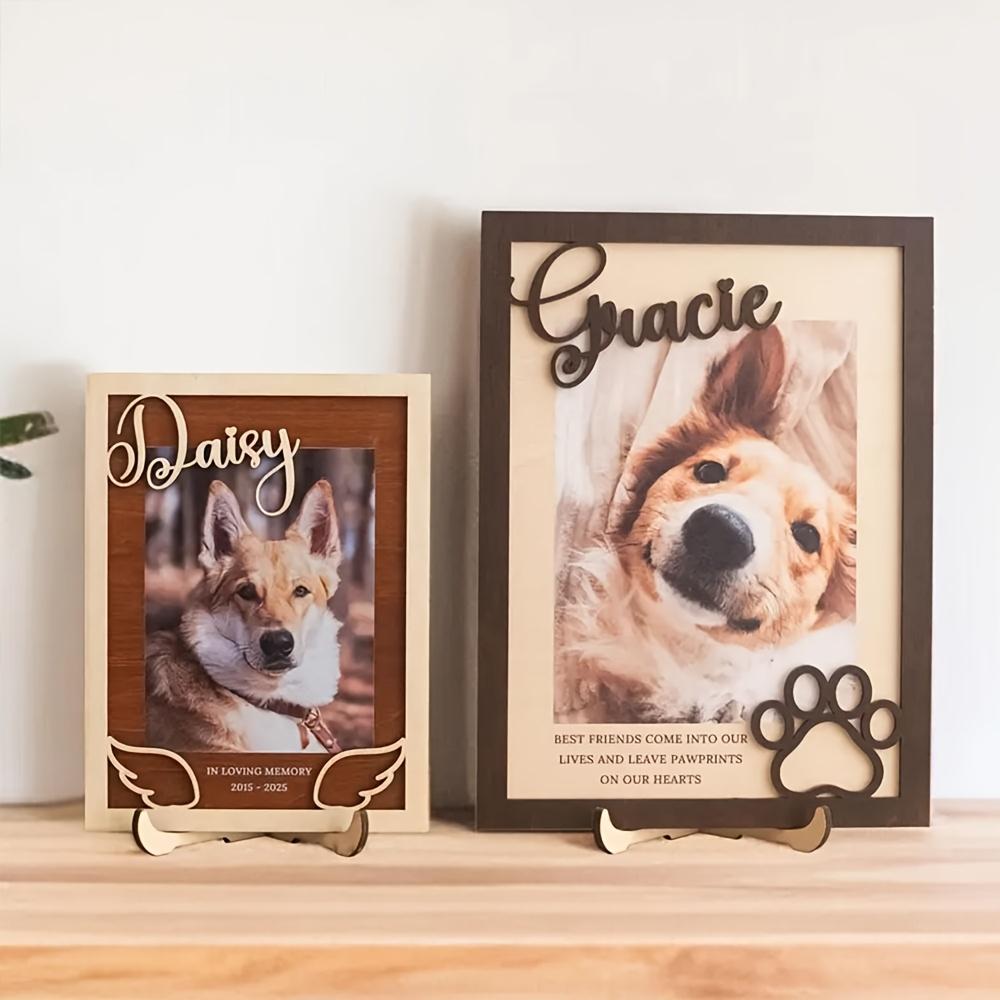 Customizable Personalized Wooden Pet Photo Frame with Name And Date - Vertical Desktop Display Dog Memorial Gift Featuring