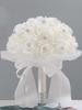 Artificial Satin Ribbon Rose Bridal Holding Flowers White Bouquet for Bride Bridesmaids with Diamond Soft Ribbons for Wedding Party