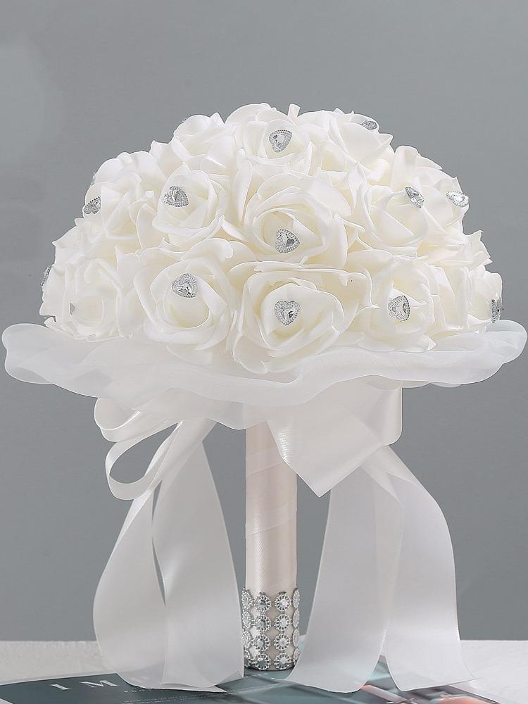 Искусственная атласная лента Роза Белый букет для невесты Подружки невесты с ромбовидными мягкими лентами Свадебные цветы в руках для украшения свадебной вечеринки