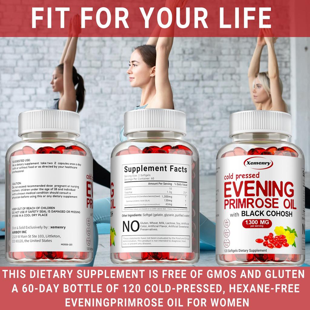 Evening primrose oil, 1300 mg per serving, 120 softgels. Helps maintain healthy skin, improve menstruation, and fight aging.