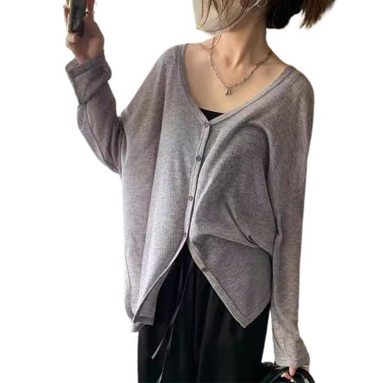 Spring Autumn Cardigan Coat V-neck Long Sleeve Single Breasted Coat Solid Color Loose Fit Thin Jacket Daily Wear