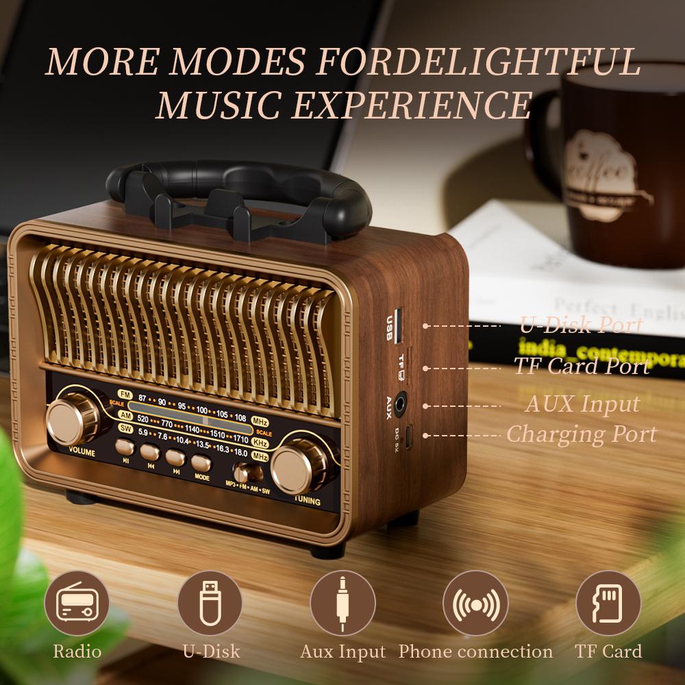 Ретро Портативное AM/FM/SW Радио с Перезаряжаемой Батареей, Воспроизведение TF/AUX и Антенна. Беспроводной для дома или для экстренных случаев.