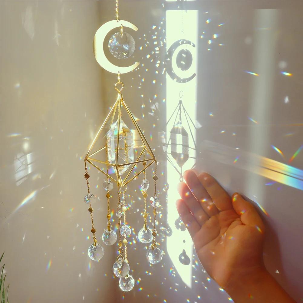 Crystal Wind Chime Moon Sun Catcher Windchimes Crystal Hanging Prism Rainbow Maker Sun Light Catcher Pendant Home Garden Decor