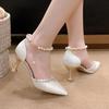 Brand Design Pearl Chain Ankle Strap Pumps Women 2025 Summer Sexy Pointed Toe High Heel Dress Shoes Luxury Glitter Wedding Pumps
