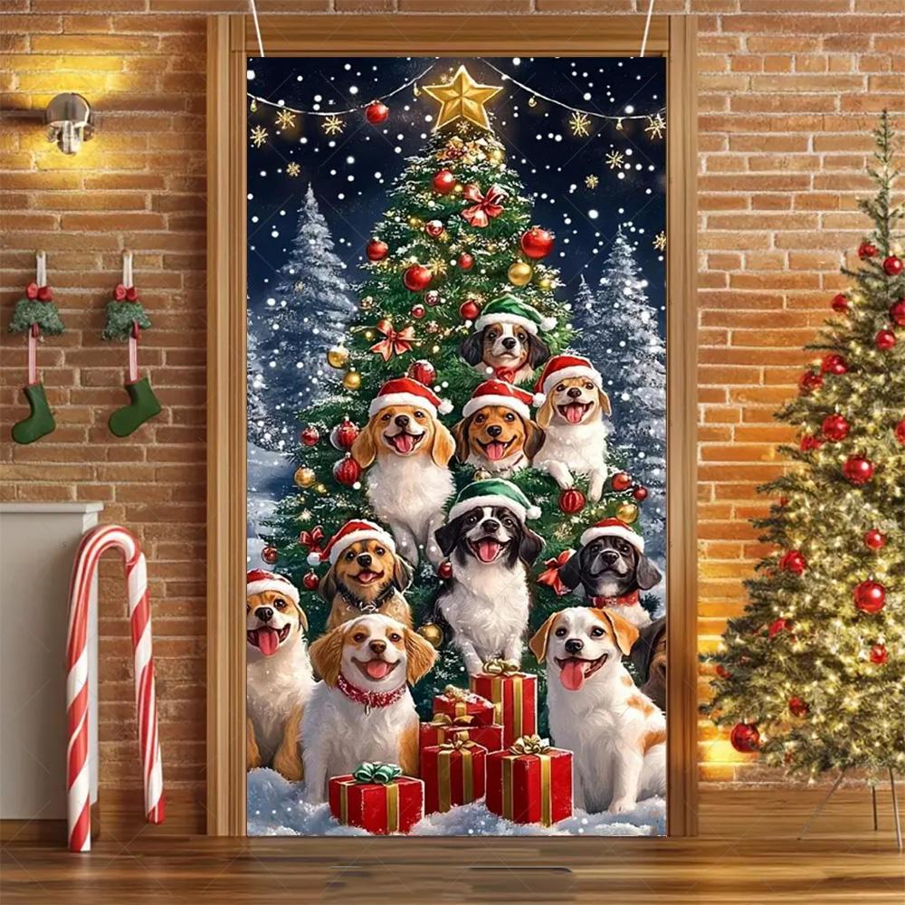 Cartoon Pet New Year Christmas Party Decorations Cat Dog Theme Door Covers Background Supplies Xmas Tree Photography Backdrop