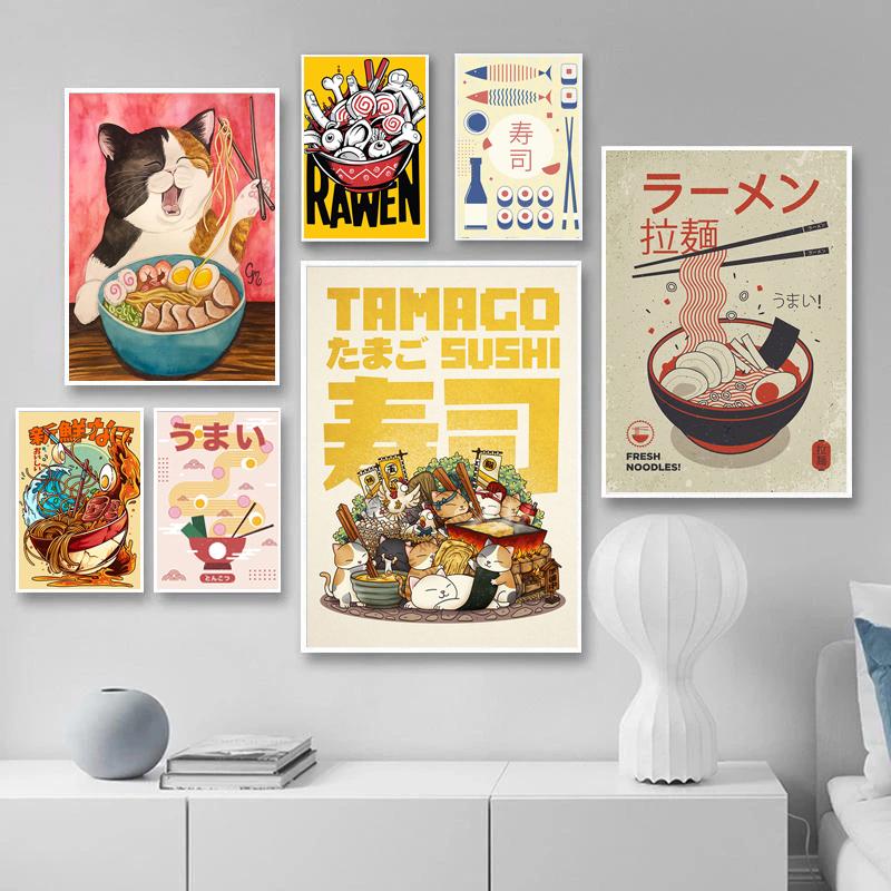 Японский стиль Еда Забавный Рамэн Лапша Суши Плакат Настенная Картина на Холсте Картина для Гостиной Домашний Декор Кухни Куадрос Без Рамки