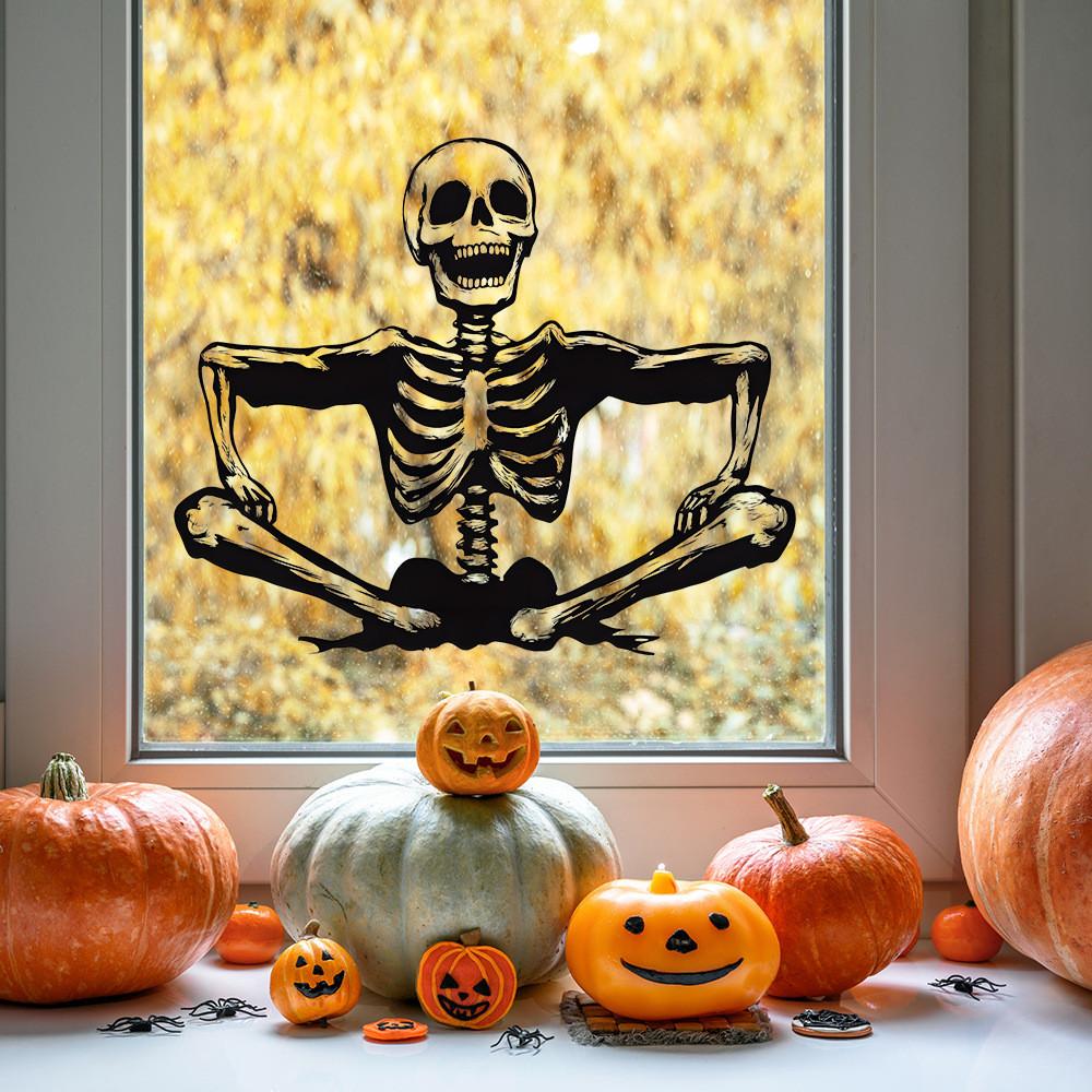 Halloween Smiling Skeleton Glass Showcase Bedroom Home Decoration Wall Stickers