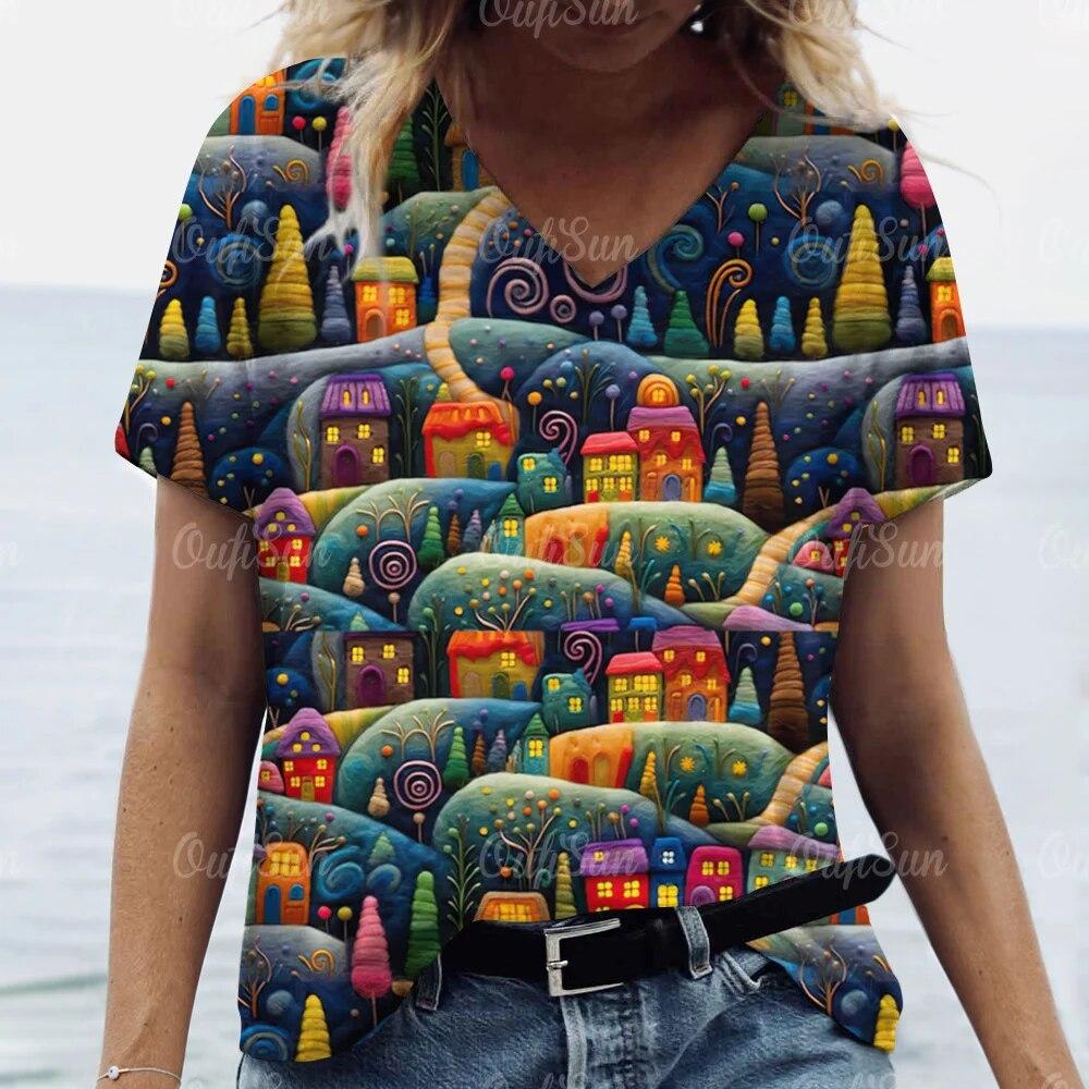 Новая рождественская женская футболка с 3D принтом Санта-Клауса, футболки с короткими рукавами и v-образным вырезом, уличная одежда большого размера, женский пуловер в стиле Харадзюку, топы