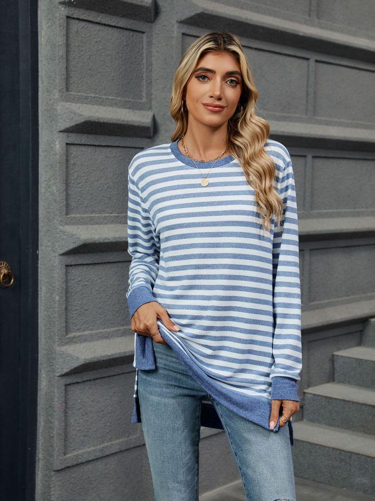 Элегантная и модная осенне-зимняя удобная однотонная полосатая футболка с круглым вырезом и длинными рукавами, повседневная футболка, свитер, толстовка с капюшоном