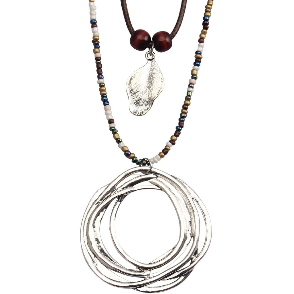 Leather Necklace for Women Boho Choker Necklace Long Cord Leather Pendant Bohemian Neckalce Vintage Alloy Pendant Leather Rope Necklace Wooden