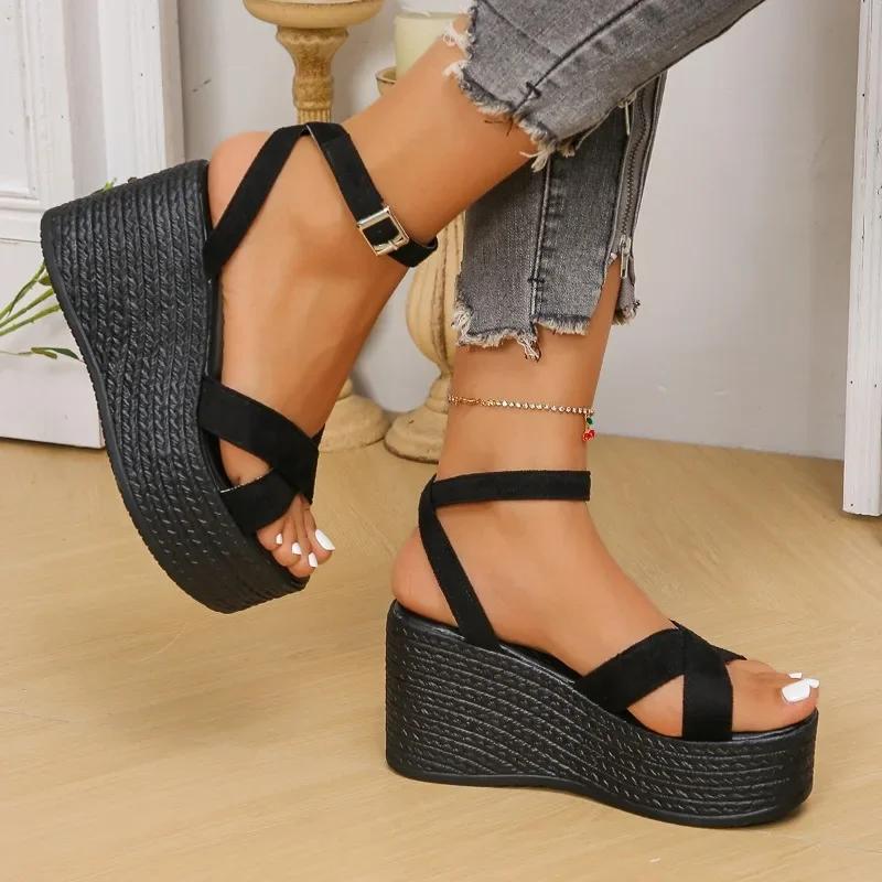 2024 New Solid Color Women's Wedge Sandals Summer Fashion Thick Sole Buckle Casual Comfortable Walking Sandals Women's Shoes