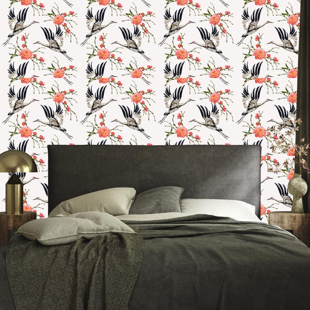 Cranes and flowers wallpaper for living room and bedroom 50x1000