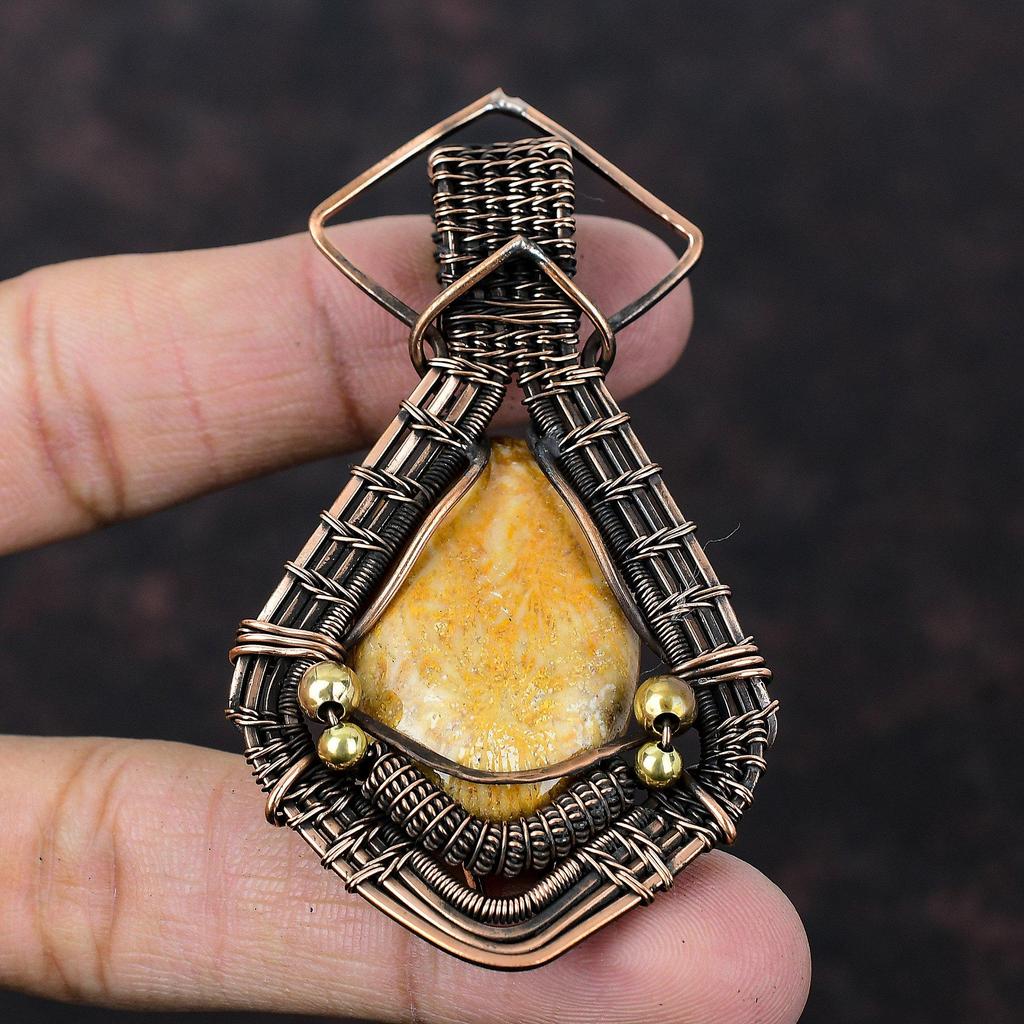 Fossil Coral Pendant Copper Wire Wrapped Pendant Gemstone Pendant Fossil Coral Jewelry Handmade Pendant For Gift Copper Wire Wrapped Jewelry