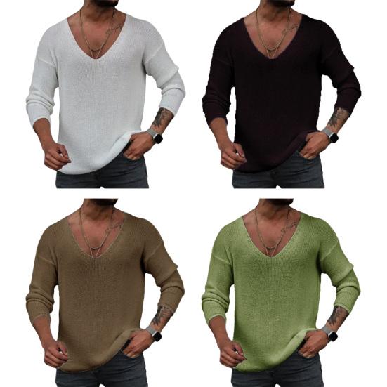 Мужской свитер с длинными рукавами и v-образным вырезом на весну и осень, свободный однотонный пуловер, топы, простые повседневные вязаные футболки