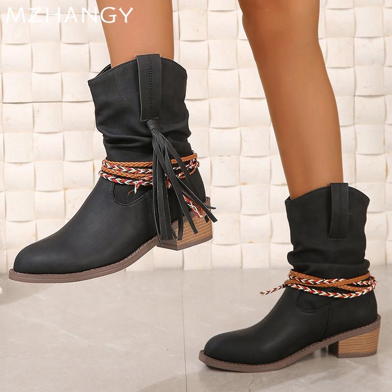 Fashion Pointed Toe Women Snow Ankle Boots Tassels Mid Heels Shoes Leather Chelsea Boots Winter 2024 Trend Chunky Goth Botas De Mujer