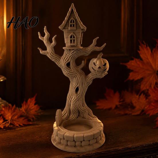 Festive Home Garden Accents 3D Printed Halloween Tree House Ornament with Pumpkin, Spooky Table Unique Gift Ideas Centerpiece, Dead Figurine