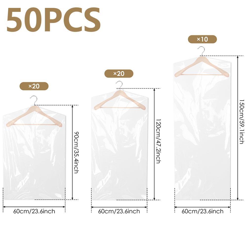 50/100Pcs Dust-proof Plastic Clothes Covers Clear Garments Bag 3 Sizes Reusable Dry Cleaning Bag for Protect Clothes Dress Suits