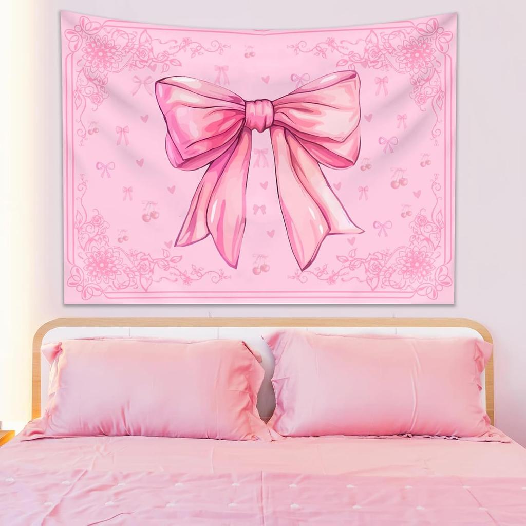 KJHL Pink Bohemian Wall Tapestry for Teen Girls, 44 x 60 Inch Cute Preppy Tapestry Wall Hanging Retro Coquette Bow Room Decor Aesthetic Tapestries