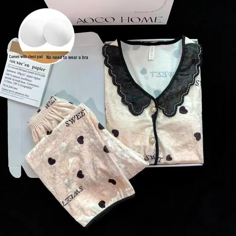 Женский пижамный комплект из золотого велюра с нагрудными вкладышами - Высококачественный кардиган с длинным рукавом, костюм-двойка для осени/зимы 2024.