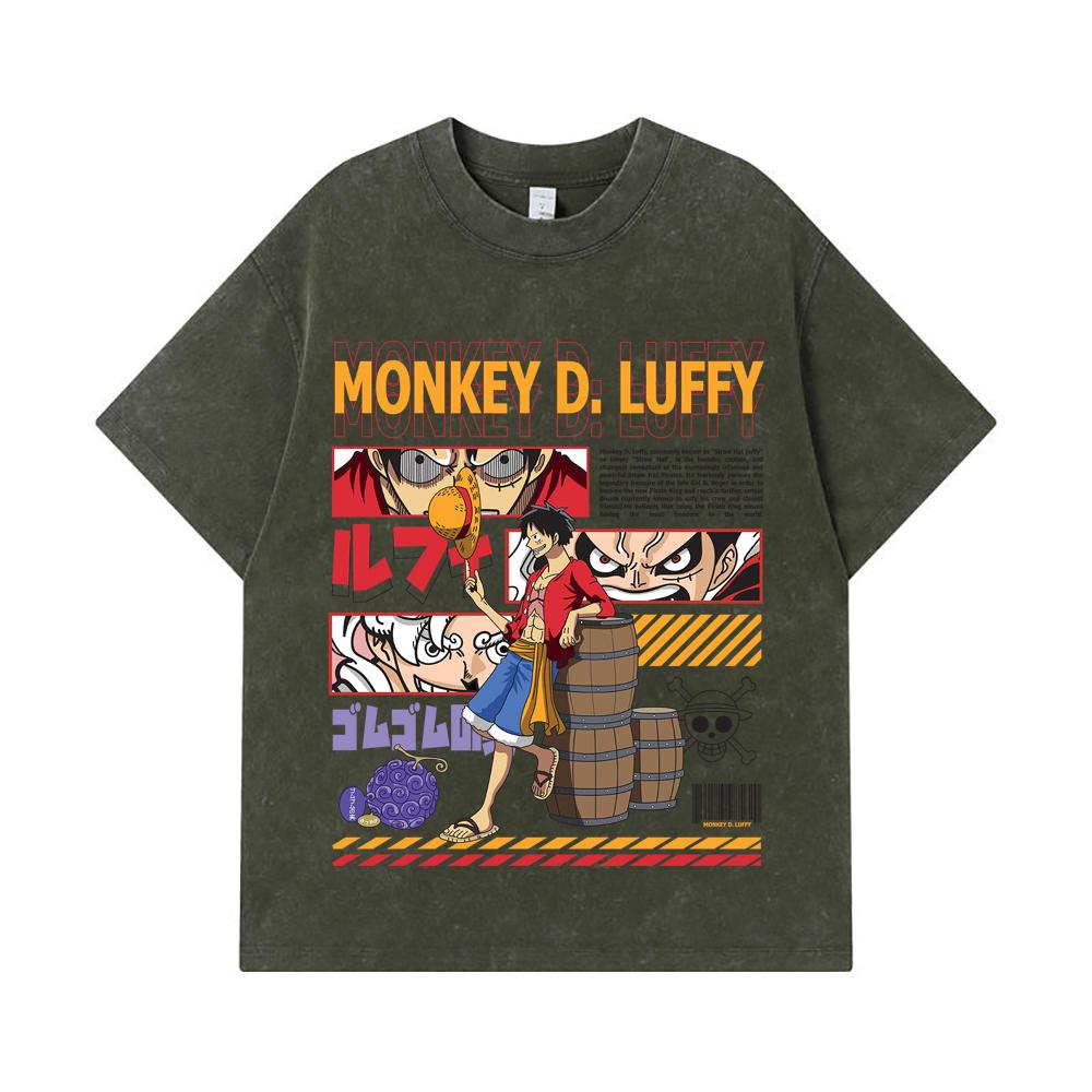 275 GSM Washed T-shirts 100% Cotton One Piece V27 Luffy Print Unisex Heavy Cotton T Shirt