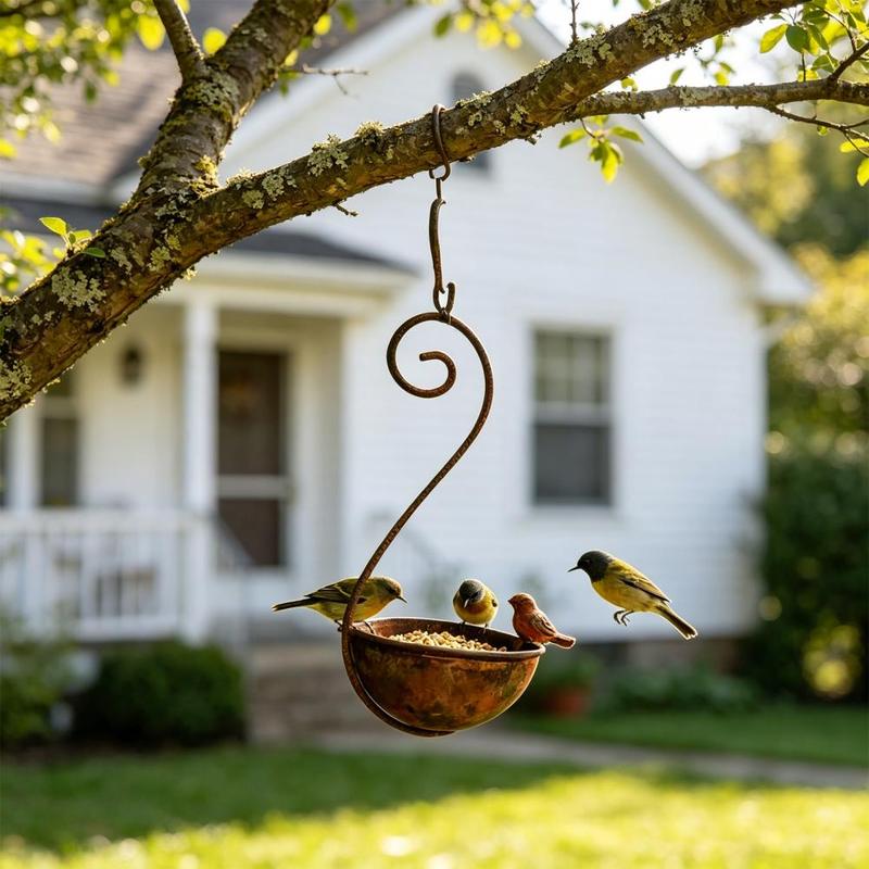 Rustic Bird Feeder Outdoor Hanging Bird Feeder with Curled Hook Metal Garden Wild Bird Feeder for Trees Decorative Balcony Porch
