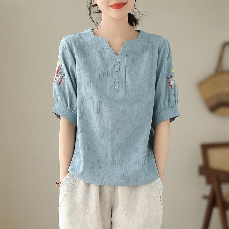 Summer Cotton Linen Jacquard Embroidered T-shirt Artistic Retro Casual Versatile Top for Women Blouses & Shirts