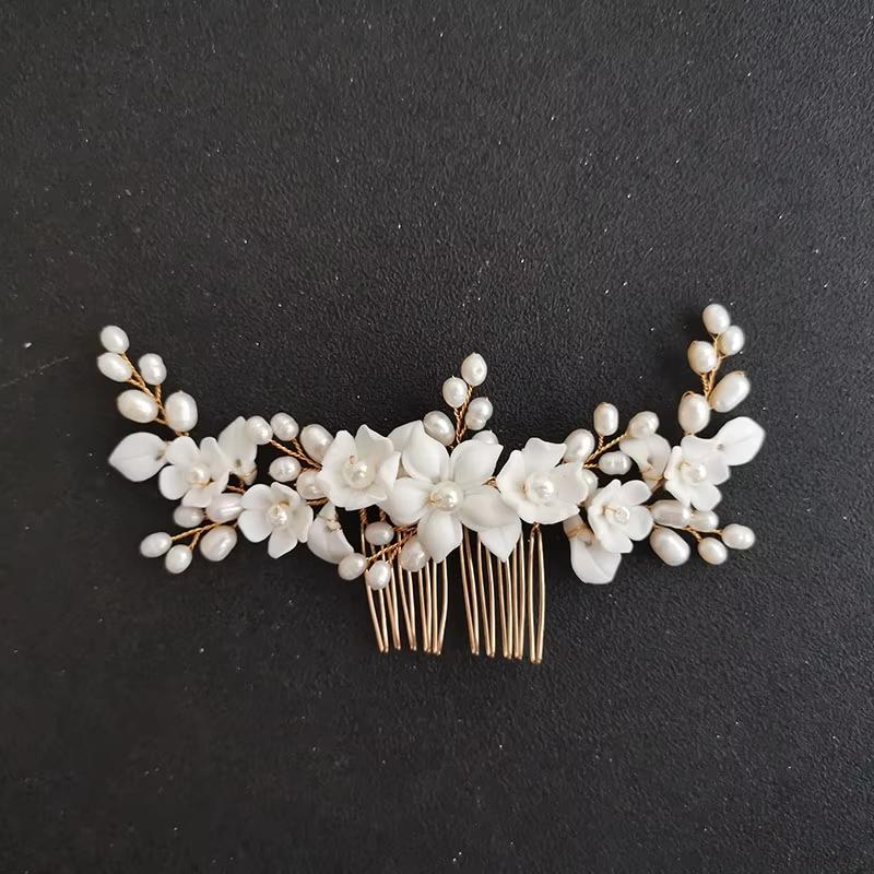 SLBRIDAL Handmade Porcelain Flower Leaf Freshwater Pearls Bridal Hair Comb Wedding Headband Hair Accessories Women Jewelry