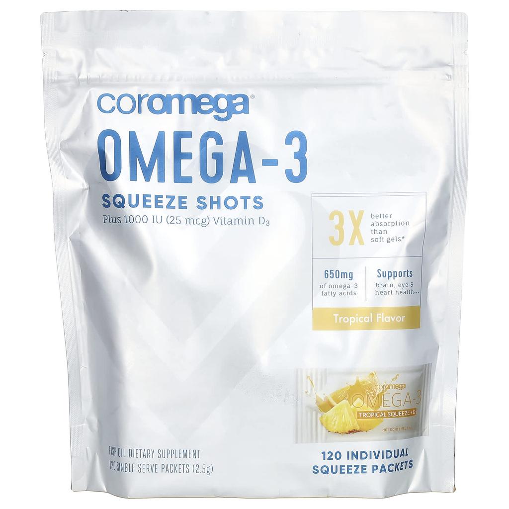 Coromega, Omega3 Squeeze Shot Plus Vitamin D3, Tropical, Squeeze Individual Pack 120, 2.5g each