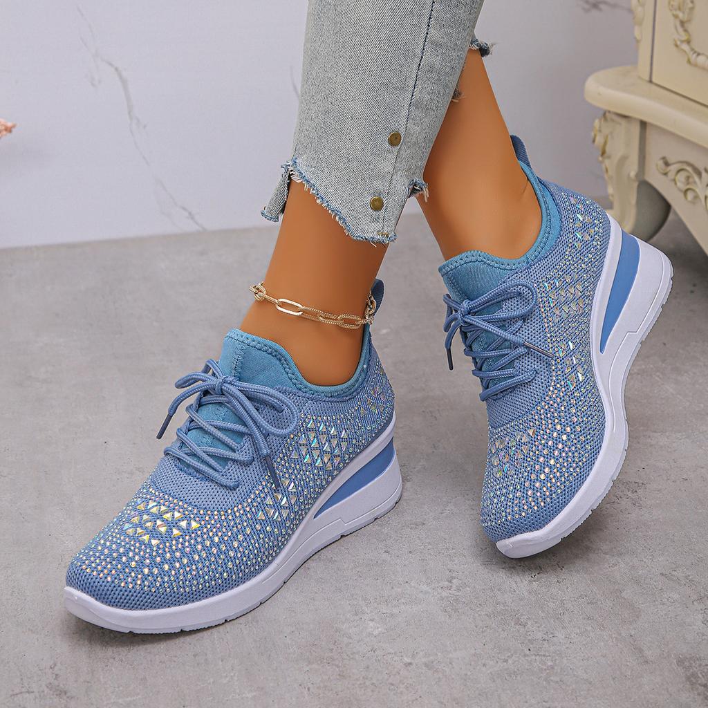 Women's Sneakers Shiny Rhinestone Wedge  Breathable Knit Non Slip Walking Shoes Woman Plus Size Fashion Thick Sole White Sneaker