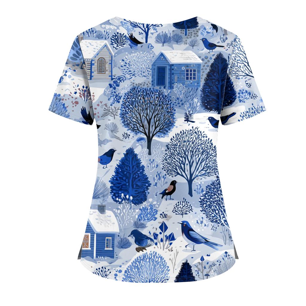 Women's Christmas Print V-Neck Double Pocket Short Sleeves Hem Slit Uniform And Caregiver Top