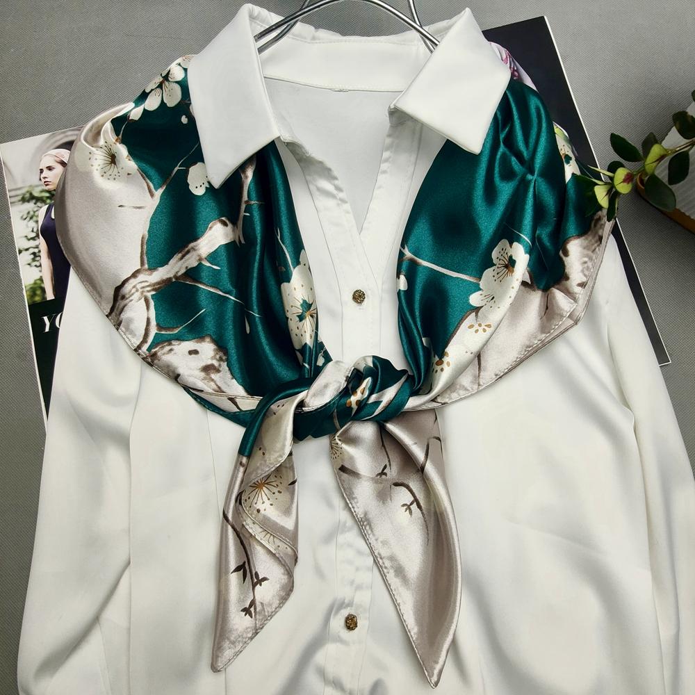 Women's Green Silk Scarf Head Wrap Spring Autumn Chinese Style Peony Floral Fashion Leopard Print Square Scarves Shawl For Winte