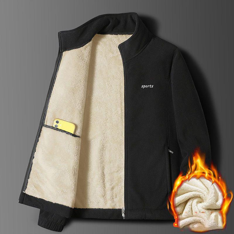 Зимнее флисовое утолщенное мужское пальто с застежкой-молнией, воротником-стойкой, однотонное повседневное теплое покет-верхняя одежда для мужчин, куртки, топы