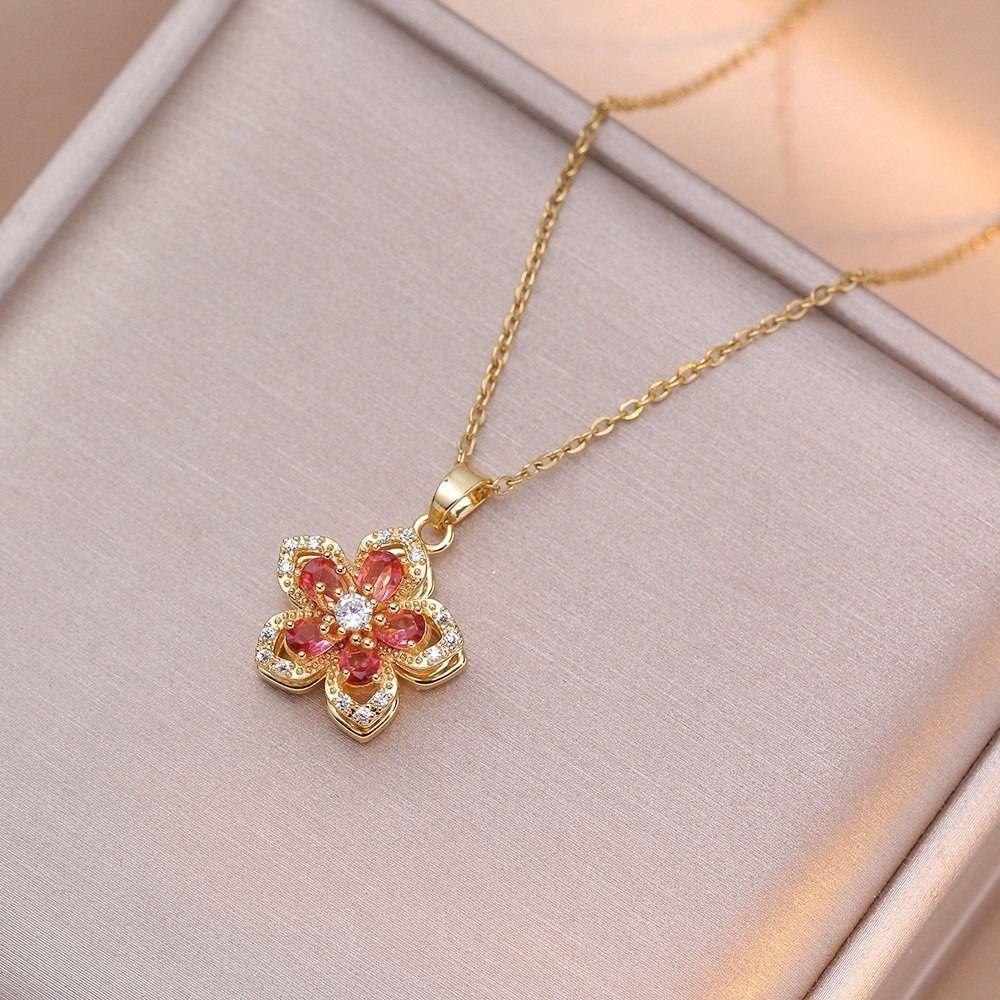 Crystal Zircon Pendant Necklace Shiny Petal Gold Necklace Rotatable Flowers Choker Date Night
