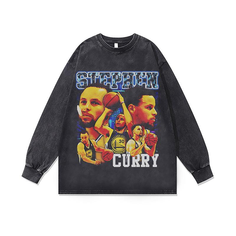 Стирка Ретро Стираная Толстовка с Круглым Вырезом Осень и Зима Новая Американский Хип-Хоп Нижний Слой с Длинным Рукавом Футболка для Мужчин и Женщин