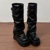 Зимний Панк Стиль Плиссированные Вставки Женские Сапоги до Колена Модные Сапоги на Платформе Толстый Каблук Длинные Ботильоны De Mujer