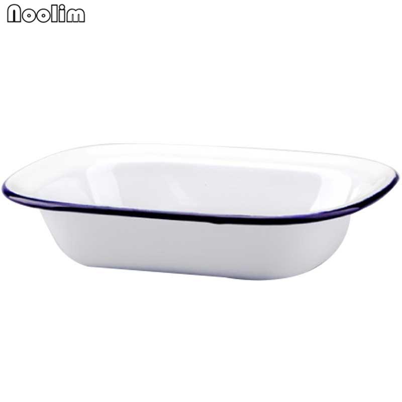 Ретро эмалированный прямоугольный поднос – Красный и синий ободок, тарелка для выпечки и обеда для домашнего использования