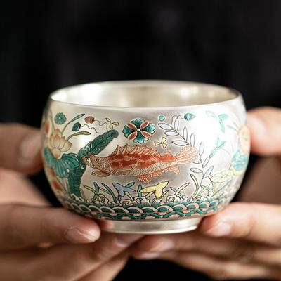 Серебряное покрытие Керамические чашки в китайском стиле Набор чайных чашек с рыбами Красивая чайная посуда Пиала Чайная церемония Набор для чая Кунг-фу Личная чашка Подарок