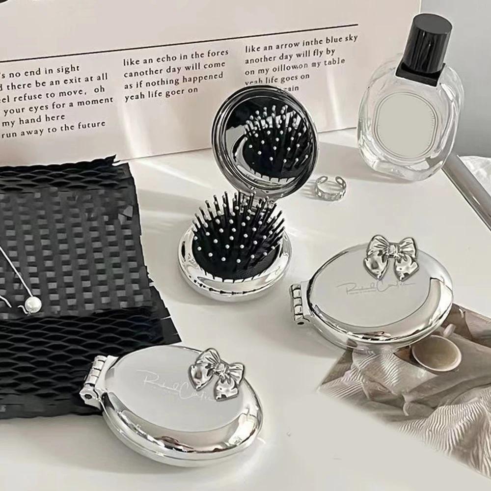 Портативная мини-серебряная карманная расческа для девочек и женщин, круглая, маленькая дорожная массажная щетка для волос с зеркалом, аксессуары для укладки