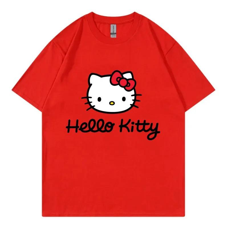 Hello Kitty Cartoon Anime Women T-shirt Summer Short Sleeve 100% Cotton Men Tee Shirts Tops 2026 New Fashion Couple Clothing