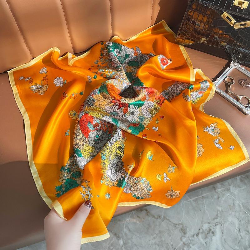 New Flower Pony Printing Plain Crepe Satin Silk Silk Scarf Women's Spring Light Luxury Premium Mulberry Silk Square Scarf